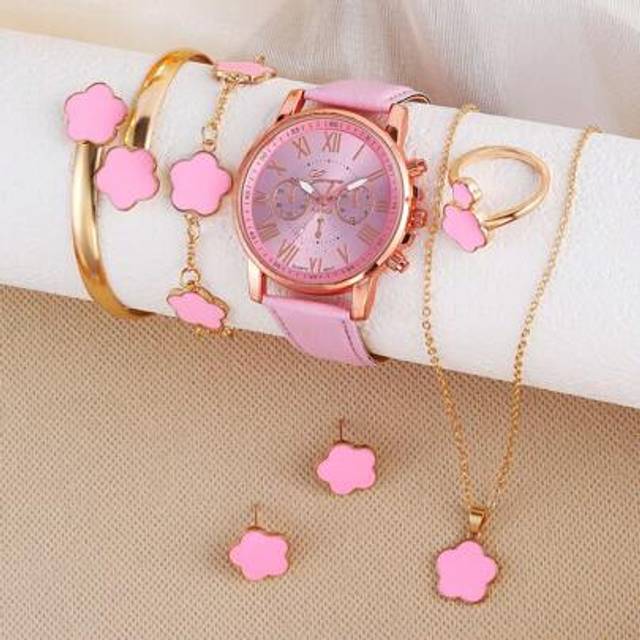 SHEIN 7pcs Set: PU Leather Pink Watch, 4-Leaf Clover Bracelet, Necklace, Earrings And Rings For Girls