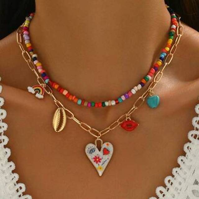 SHEIN 2pcs/Set Funky Jewelry Set Includes Colorful Painted Heart, Red Lips, Shell, Rainbow Heart, Green Turquoise Pendants Necklaces With Multicolor Seed Be