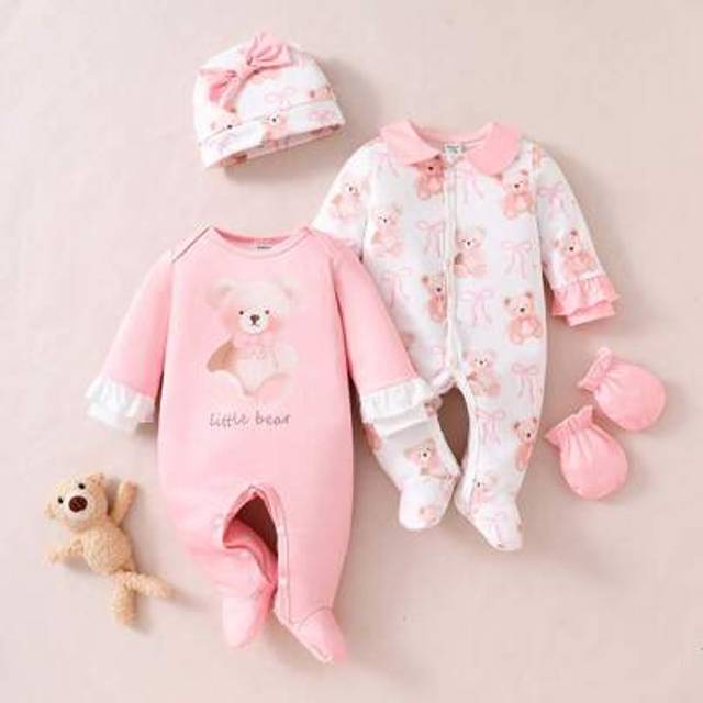 SHEIN 4pcs Newborn Bear & Bow Printed Long Sleeve Romper, Hat And Mittens Set, Infant Sleepwear