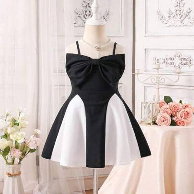 SHEIN Girls (Small) Elegant Bow Accent Colorblock Midi Slip Dress