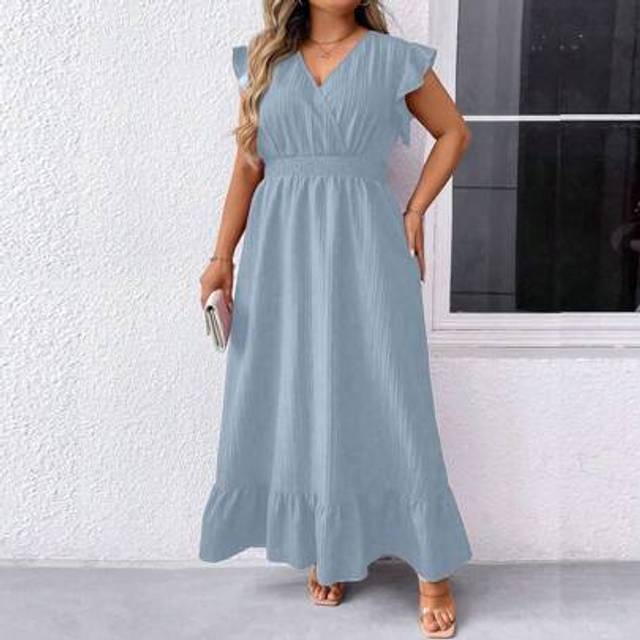 SHEIN Plus Size Solid Color Wrap Waist Ruffle Hem Dress, For Christmas Burgundy Maxi Women Outfit