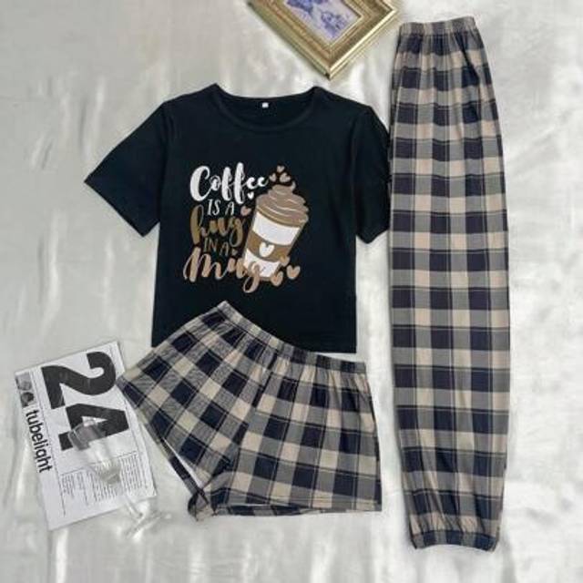 SHEIN Plus Size Women&#39;s Coffee Print Shirt & Plaid Shorts/Pants Pajama Set