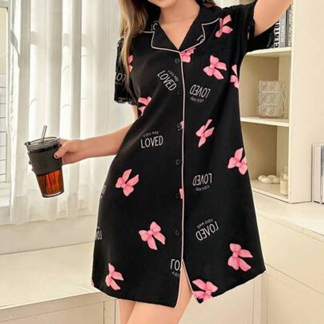 SHEIN Pink Bow Ruched Front Button Down Nightgown