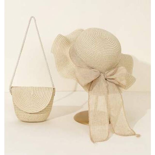 SHEIN 2pcs Khaki Wavy Beach Sun Hat & Woven Shoulder Tote Bag Set - Stylish Ruffle Design, Lightweight & Breathable, Suitable For Spring/Summer Beach Vacati