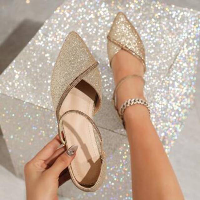 SHEIN Women V-Shaped Pointed Toe Flat Shoes With Crystal Decor, Hollow-Out Design Ballet Flats, Comfortable Breathable Slip-On Sandals For Dancing, Parties,