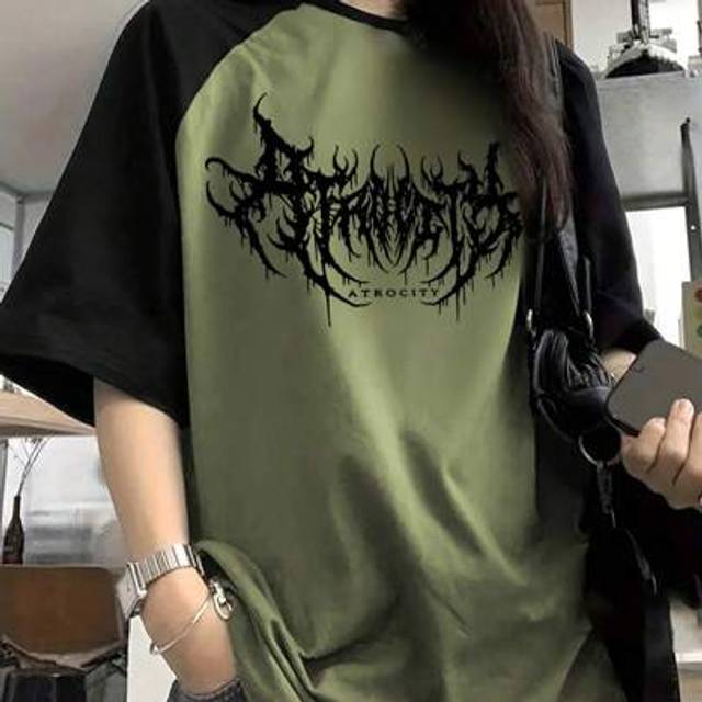SHEIN Women&#39;s Retro Gothic Style Splice Lightning Bolt Print Rock Punk Graphic Round Neck Raglan Sleeve Contrast Color T-Shirt