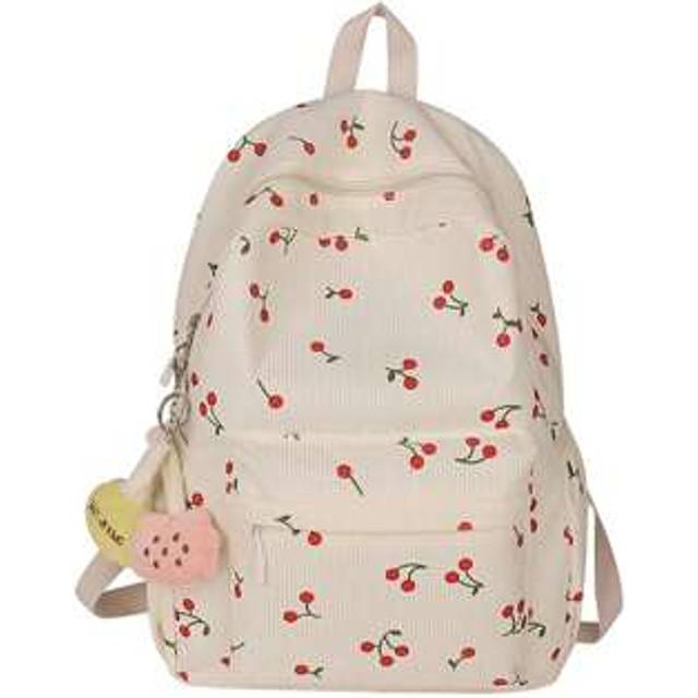 SHEIN 1pc White Corduroy Casual Fresh Style Cherry Print Large Capacity Foldable Lightweight Multi-Pocket Zipper Backpack (No Pendant), Suitable For Teenage