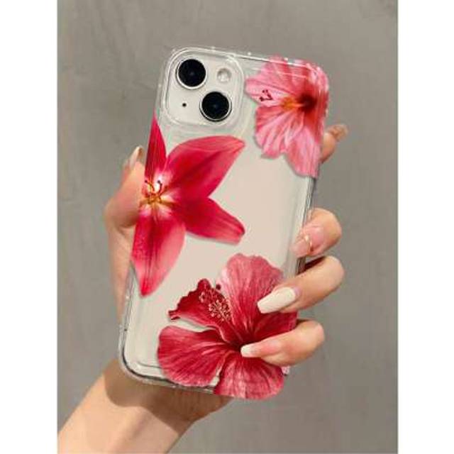 SHEIN 1pc Shockproof TPU Partial Red Flower Graphic Full Coverage Phone Case Compatible With Apple IPhone 16/15/14/13/12/11 Pro Max, Series