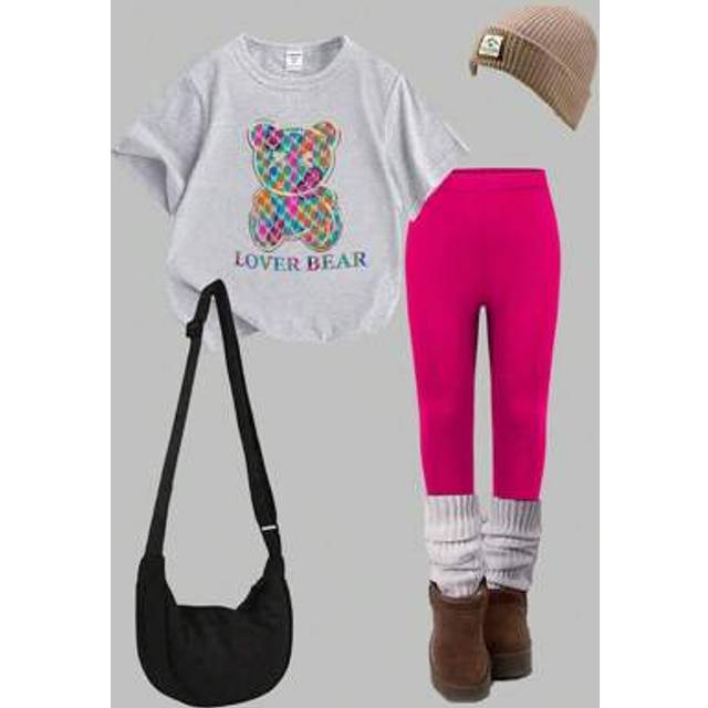 SHEIN Young Girl Casual Stylish Colorful Floral Pattern Bear Design Print T-Shirt With Leggings 2pcs Set