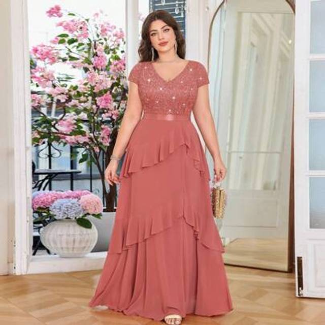 SHEIN Plus Size V Neck Sequin Floral Lace Contrast Ruffle Trim Chiffon Hem Evening Party Dress, Elegant Formal Prom Wedding Guest Gown, For Graduation, Dinn