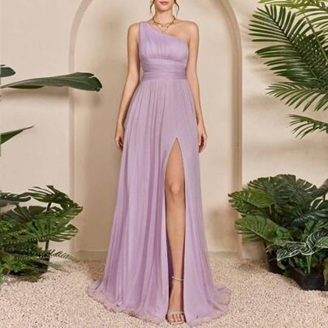 SHEIN Asymmetric One-Shoulder Ruched Bust Hollow Waist Slit A-Line Mesh Bridesmaid Dress