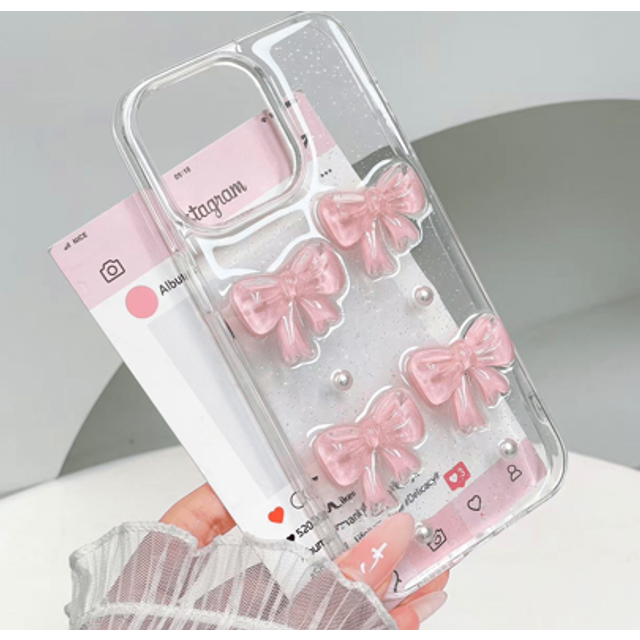 SHEIN 1pc Textured Transparent Glitter 3D Bow Acrylic Phone Case With Large Hole For IPhone 11 12 13 14 15 Pro Max