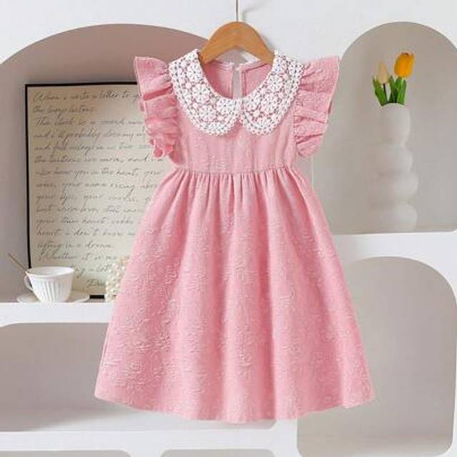 SHEIN Girls Elegant Solid Color Jacquard Textured Cap Sleeve Decorated Ruffle Collar High Waist A-Line Princess Dress, Suitable For Travel, Holiday, Party,