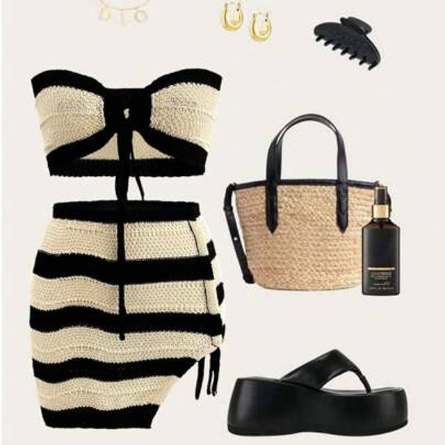 SHEIN Boho Western Women 2 Pieces Set: Striped Contrast Tie-Front Bandeau Top + Striped Tie-Front Sexy Beach Mini Skirt