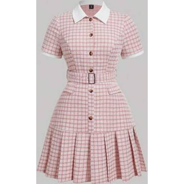 SHEIN Plus Size Women&#39;s Houndstooth Polo Collar Pleated Dress With Belt,Going Out,Work Office Outfits,Homecoming,Plaid Dress,New Year,Valentine Retro Clothe