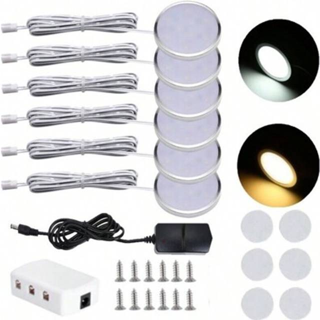 SHEIN Under Cabinet Light Kit, Set Of 6, LED Puck Lights, 15W, 1500LM, Warm White, Display Cabinet Lighting, Disc Light For Kitchen, Closet, Counter, Cupboa