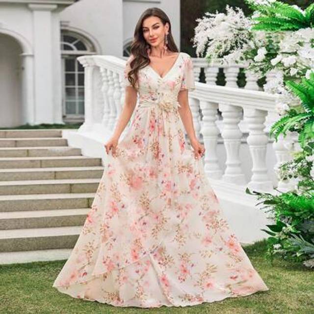 SHEIN [Random Floral Pattern] Women&#39;s Elegant V-Neck Ruffled Sleeve Detachable 3D Floral Decor Digital Printing Chiffon Bridesmaid Dress