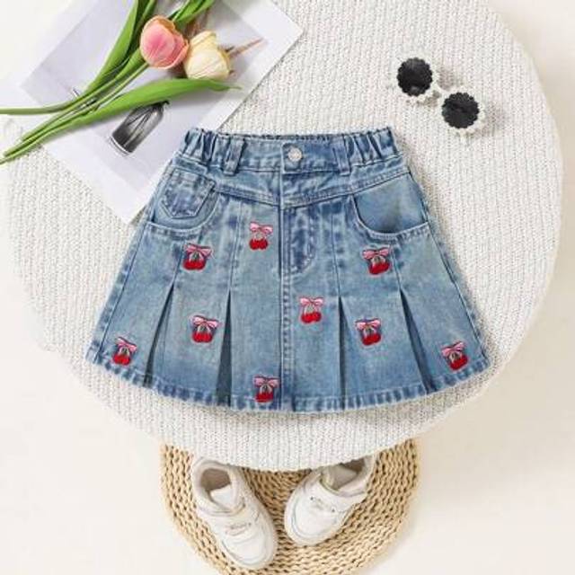 SHEIN Young Girl Denim Vintage Casual Urban Cute Cherry Blossom & Bow Embroidered Denim Pleated Skirt With Elastic Waist And Pockets
