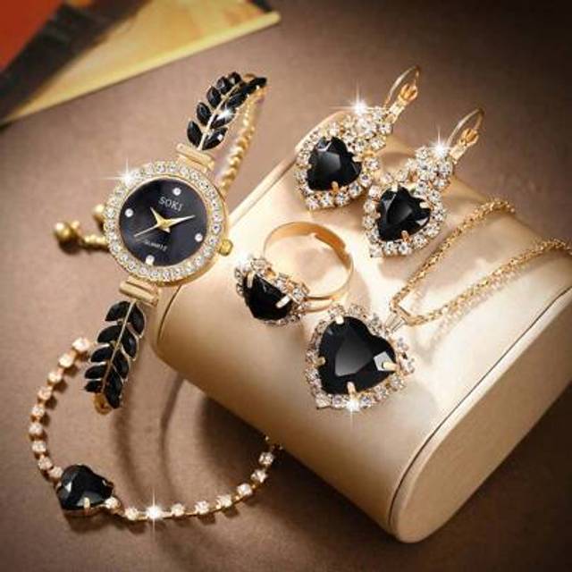 SHEIN Mother&#39;s Day Ladies Watch 6pcs/Set Ladies&#39; Feather Fish Tail Strap Casual Glam Full Crystal Dial Quartz Wrist Watch And Heart Pendant Necklaces, Earri