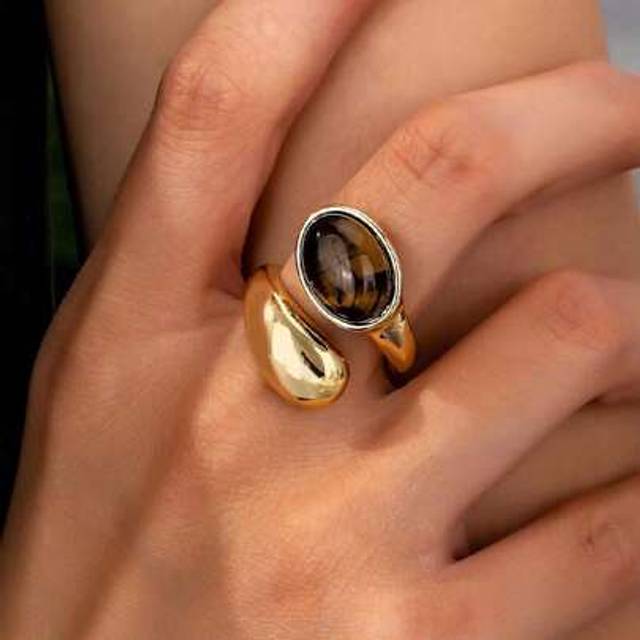 SHEIN 1 Pc Tiger Eye Natural Stone Decor Metal Chunky Ring For Women