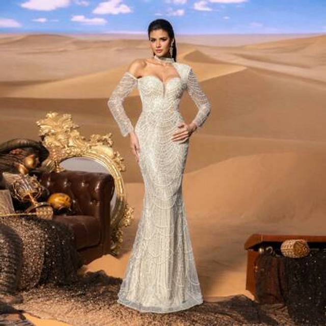 SHEIN Glamorous Beaded Sequin Mermaid Gown With Asymmetrical Neck Choker & Sheer Sleeves â Fitted Silhouette & Floor-Length Train For Evening Galas & Luxu