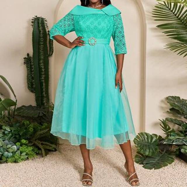 SHEIN Mgiacy-Lady New Arrival Solid Color Plus Size Cocktail Dress Contrast Lace Belt Metal Buckle Dress, Party Dress