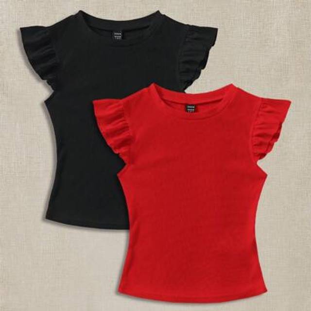 Soleia 2pcs/Set Black & Red Rib Knit Boat Neck Tight Fitted T-Shirts For Summer