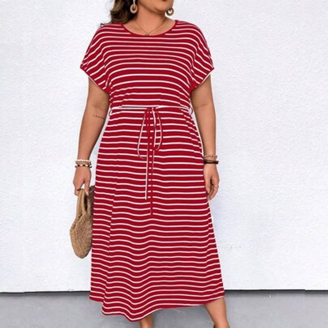 SHEIN Women&#39;s Plus Size Casual Long Striped Print Batwing Sleeve Dress With Waist Tie And Round Neckline For Summer Maxi Women Outfit