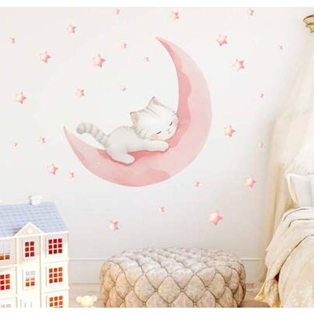 SHEIN Cartoon Sleepy Bear & Moon Wall Stickers, Children&#39;s Room Bedroom Kindergarten Wall Decor Moon Star Sleep Bear Kids Room Wallpaper