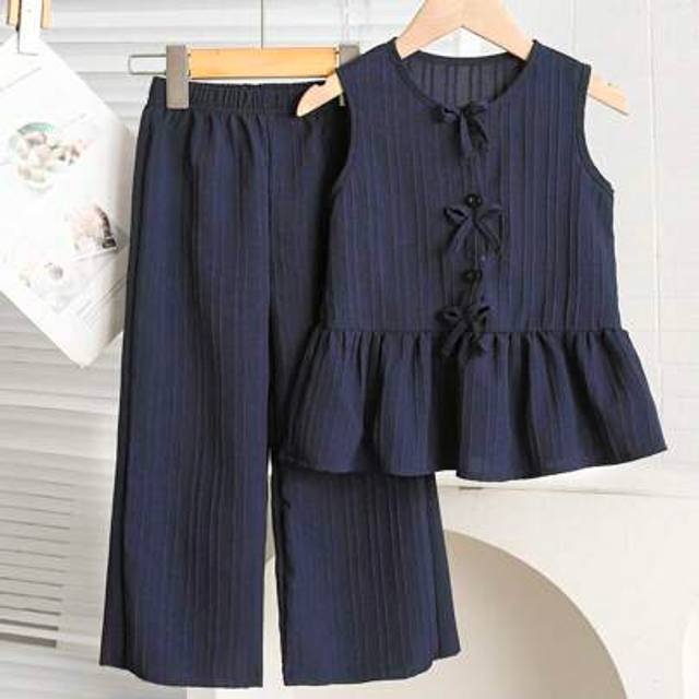 SHEIN 2pcs/Set Toddler Girls Solid Color Single-Breasted Bow Decor Ruffle Hem Vest Shirt And Solid Color Long Pants Outfit, Minimalist Commuting Casual Wear