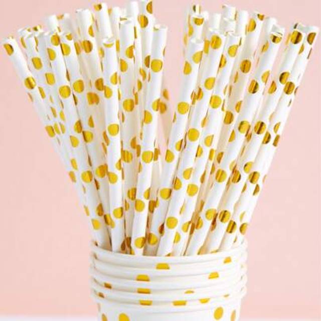 SHEIN 10/25/50/100 Pcs White Background Gold Polka Dot Paper Straws, Disposable Tableware Straws For Birthday, Party, Home, Bar, Drinks Shop, Picnic, Party