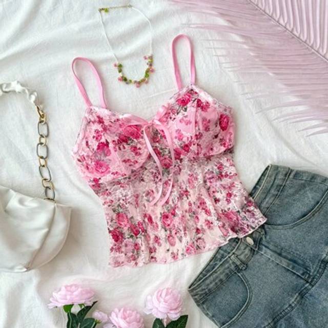 SHEIN Teen Girls Holiday, Lace Trim, Bowknot, Lace Print Tank Tops, Vacation Summer