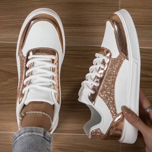 SHEIN New Fashionable Comfortable All-Match Women Shoes With Laser Gold Upper And Gorgeous Sequin Decoration Flat Casual Sneakers Ladies Sports Shoes MusicF