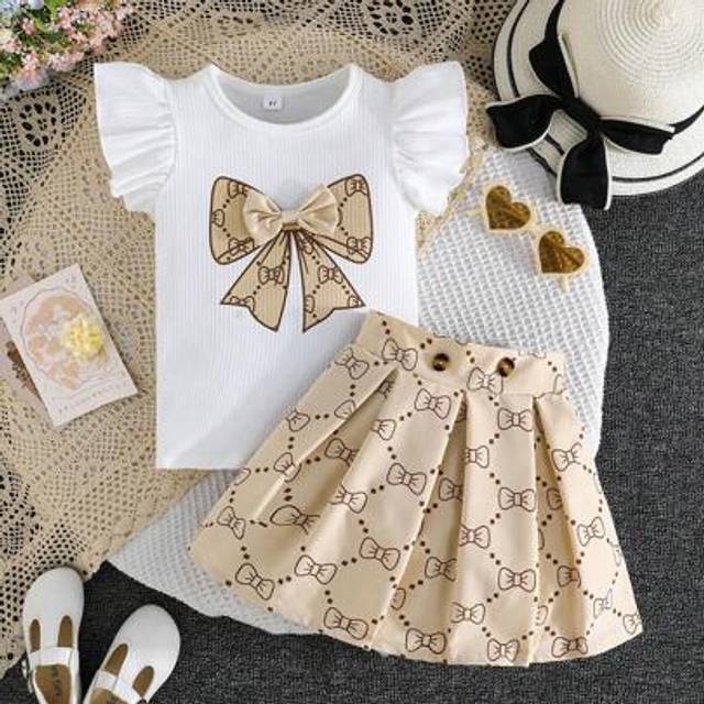 SHEIN 2pcs Girls Summer Outfit - Ruffle Sleeve Bow Blouse With Pleated Skirt, Minimalist Young Girl Clothing Set
