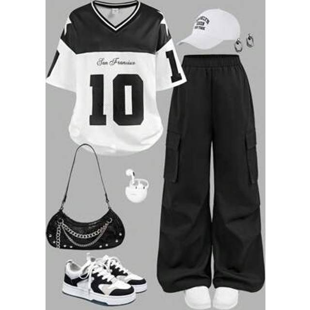 SHEIN Tween Girl Numeric & Alphabet Print V-Neck Loose Fit Short Sleeve T-Shirt And Wide Leg Cargo Pants 2 Pieces Set