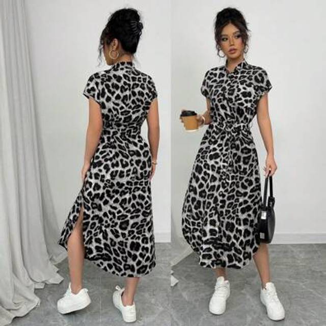 Calvaya Women&#39;s Casual Vacation Travel Leopard Print Front Button Shirt Belt Bow Pocket Side Slits 2025 Summer New Short Sleeve Long Dress