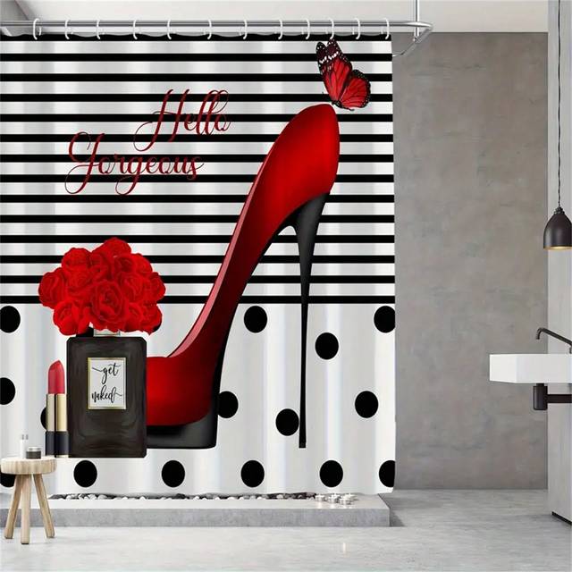 SHEIN Luxurious Red High Heel And Butterfly Print Shower Curtain Bathroom Set_ Includes Shower Curtain, 12 Free Hooks - Perfect For A Feminine And Stylish B