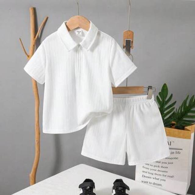 SHEIN 2 Packs Young Boys Boys&#39; Casual Sports College Art Retro With Door Tube Lapel POLO Shirt And Shorts Set Kids Outfits Young Boy Clothes Back To School