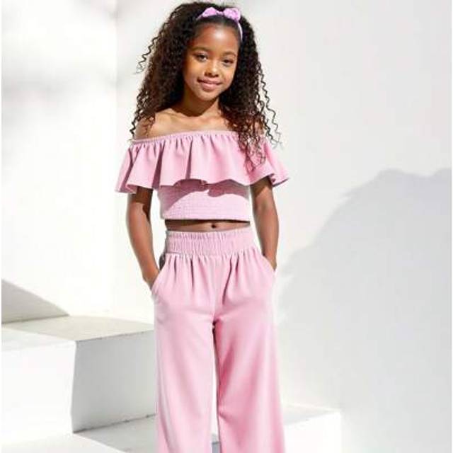 SHEIN Summer Tween Girls Fresh Sweet One Shoulder Ruffled Crop Top & Loose Casual Cooling Comfy Pants 2 Pieces Set