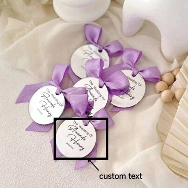SHEIN Personalized Silver With Purple Ribbon Wedding Name Tag, Save The Date Tag, Wedding Gift Tag, Thank You Tags, Wedding Tags For Favors, Custom Name Tag