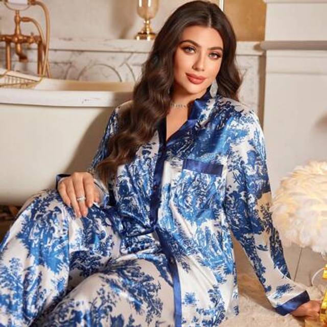 SHEIN Elegant Blue Ink Splash Printed Lounge Sets - Long Sleeve Shirt And Pants 2pcs, Plus Size Women Pajamas, Vacation