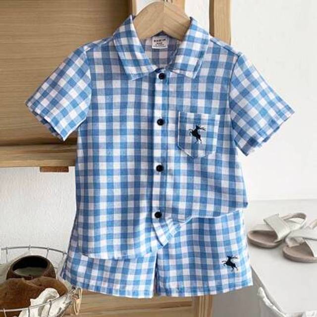 SHEIN 2pcs/Set Baby Boy Cute Casual/Holiday Plaid Short Sleeve Shirt & Shorts Set, Summer