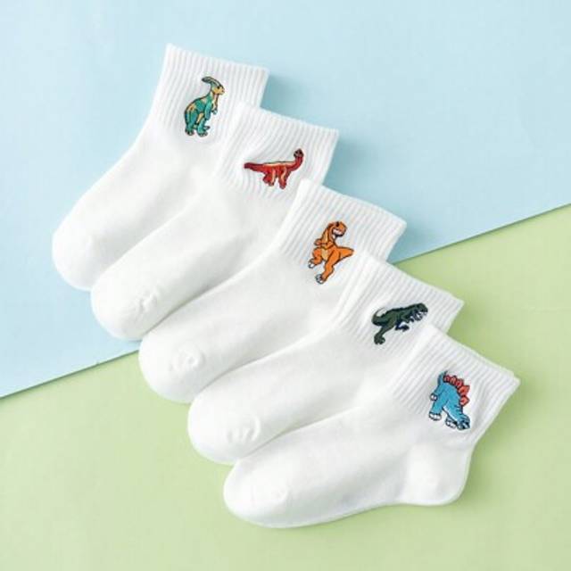 SHEIN 5 Pairs Of Fun Personality Cartoon Dinosaur Embroidery Pattern Fashion Mid-Calf Socks For Kids