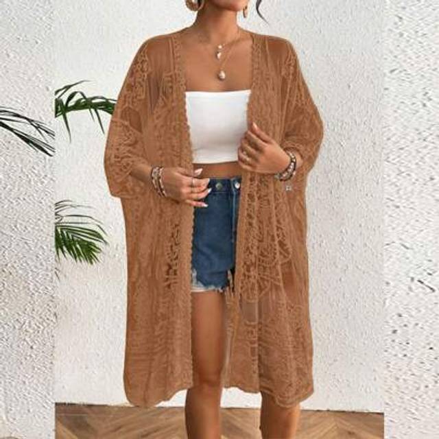 SHEIN Women&#39;s Lace Bikini Cover-Up 3/4 Sleeves Open Front Casual Sheer Mesh Cardigan Floral Crochet Kimono Cardigan Swimsuit Coverups Duster