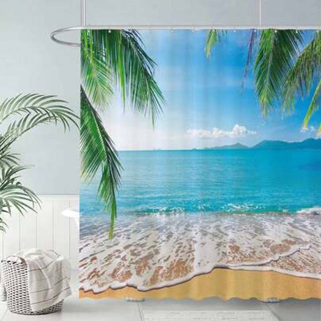 SHEIN Tropical Beach Shower Curtain Summer Seaside Scene Ocean Island Palm Tree Bathroom Decorations Curtain Durable Bathtub Showers Decor Bathroom Accessor