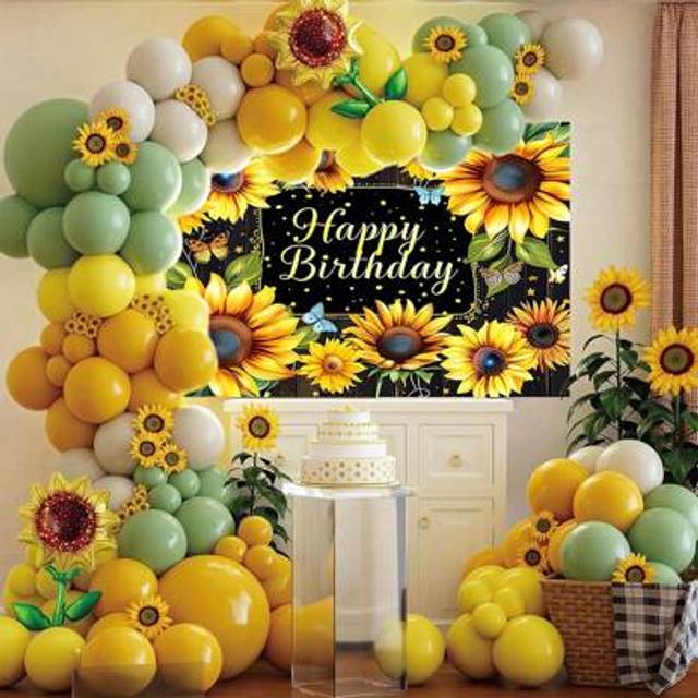 SHEIN 132pcs Sunflower Theme Balloon Garland Arch Set, Including Yellow, White, Green Latex Balloons And 2 Large Sunflower-Shaped Aluminum Film Balloons, Wi