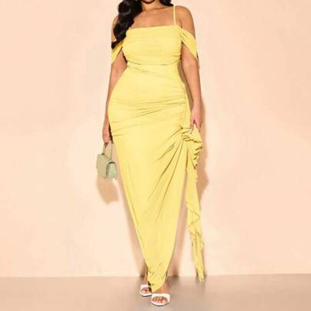 SHEIN Plus Size Women&#39;s Summer Green Sexy Sweet Solid Ruched Off-Shoulder Flare Sleeve Ruffle Hem High Slit Cami Dress,Summer Dresses For Women