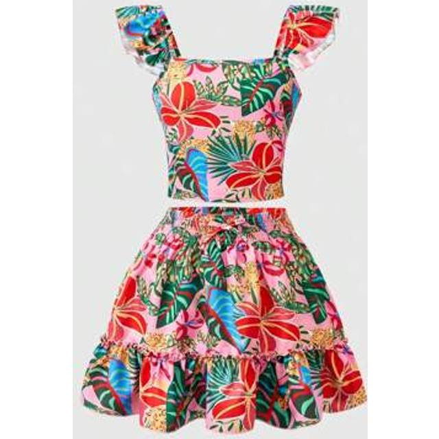SHEIN 2pcs/Set Tween GirlsColorful Floral Print Square Collar Ruffle Sleeve Crop Top & Skirt Co-Ord Set, Summer Vacation & Beach Resort