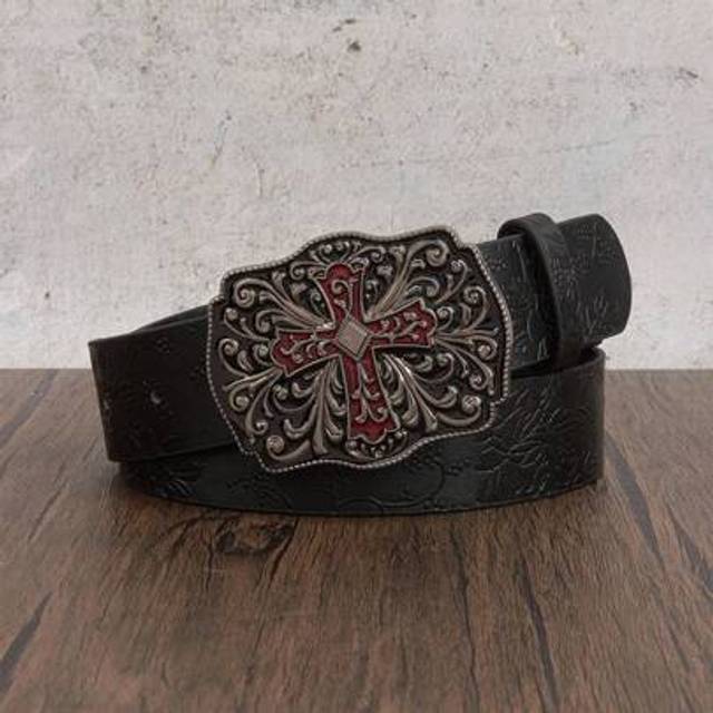 SHEIN 1pc Men&#39;s Retro Western Y2K Cross Metal Buckle Burgundy Asymmetrical Embossed Floral Pattern Casual Belt, Suitable For Daily Wear