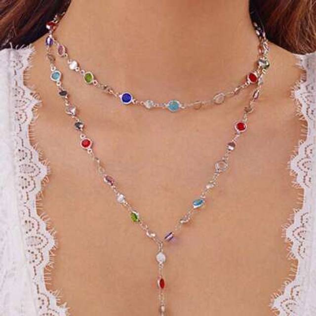 SHEIN 1pc Fashionable Colorful Zirconia Chain Y-Shape Long Necklace, Suitable For Travel, Dating, Party